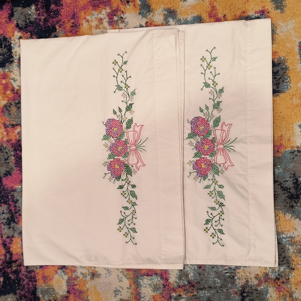 Hand Embroidered Flower Pillowcases Cottagecore